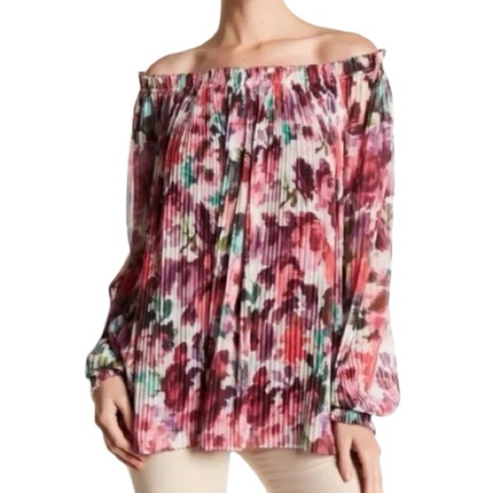 St. John Resort Brigitte Floral Georgette Floral Pleated Off The Shoulder Blouse